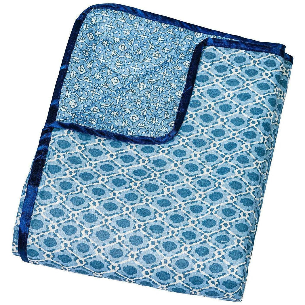 Dotted Fence & Floral Pattern Organic Cotton Single Dohar | Blue