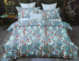 Sensation Glaze Cotton Bed Sheet - King Size (275x275 cm)|Bluish sheet with flower bouquet print